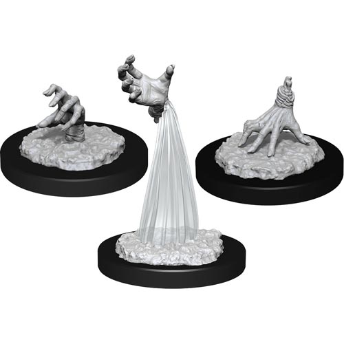 D&D Nolzur's Marvelous Miniatures: Crawling Claws - Three gray plastic miniatures of disembodied crawling claws on textured round bases, one claw elevated with translucent.