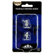 Pathfinder Battles Deep Cuts: Gnome Bard Female W15 - Two unpainted pale gray 3D-printed female gnome bard miniatures with musical instruments in black and purple blister pack.