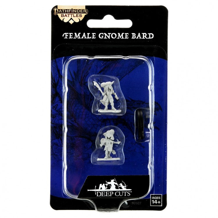 Pathfinder Battles Deep Cuts: Gnome Bard Female W15 - Two unpainted pale gray 3D-printed female gnome bard miniatures with musical instruments in black and purple blister pack.