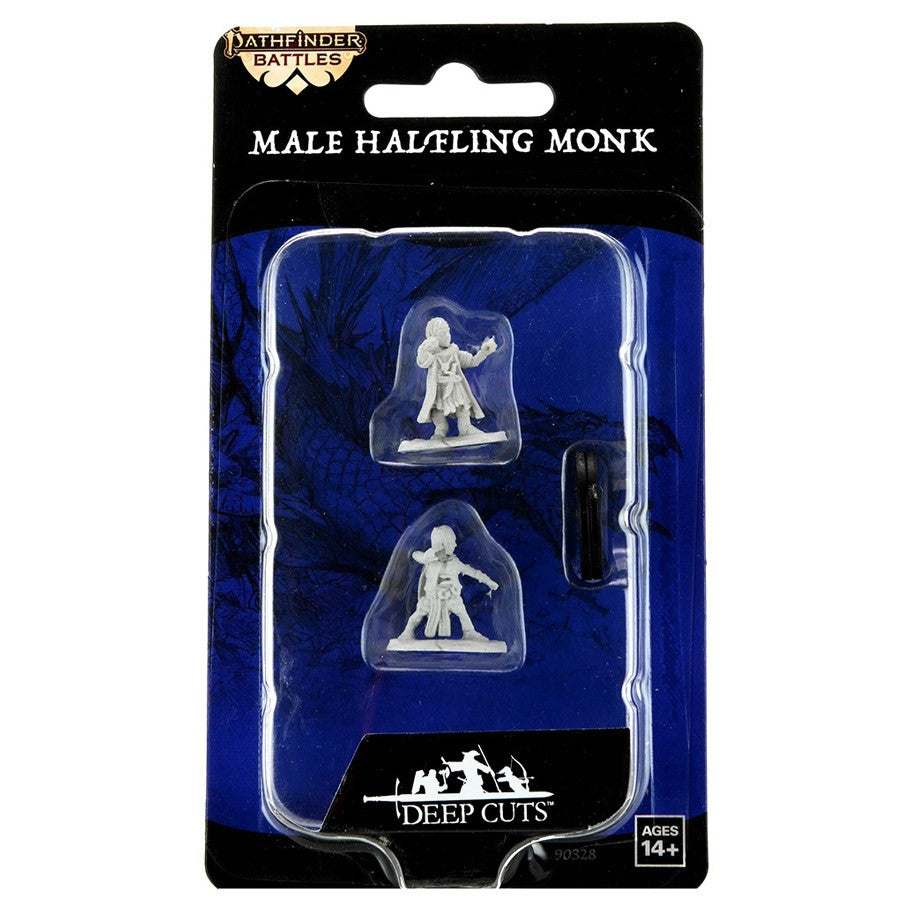 Pathfinder Battles Deep Cuts: Halfling Monk Male - Set of two unpainted gray plastic male halfling monk miniatures with dynamic poses in blister pack.