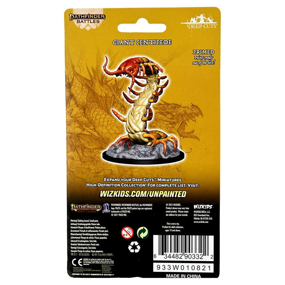 Pathfinder Battles Deep Cuts: Giant Centipede - Unpainted plastic giant centipede miniature with segmented body, large pincers, and multiple legs on round base.