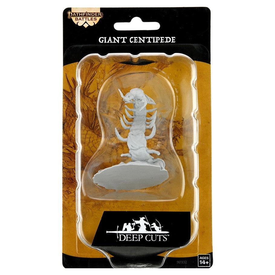 Pathfinder Battles Deep Cuts: Giant Centipede - Unpainted gray plastic miniature of a giant centipede with numerous legs and segmented body on a round base in blister pack.