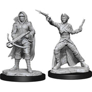 WizKids Deep Cuts Miniatures: Bounty Hunter & Outlaw - One hooded figure with a crossbow and cloak, the other wearing a turban, holding a pistol and a dagger.