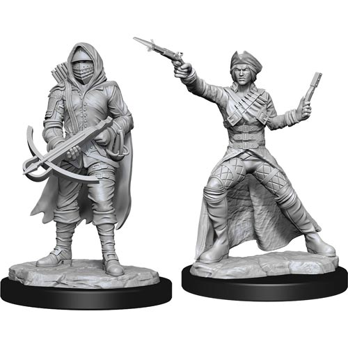 WizKids Deep Cuts Miniatures: Bounty Hunter & Outlaw - One hooded figure with a crossbow and cloak, the other wearing a turban, holding a pistol and a dagger.