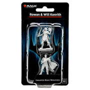 Magic The Gathering: Rowan Kenrith & Will Kenrith - Two unpainted white plastic miniatures of fantasy characters, one wielding a sword and the other casting magic, displayed in