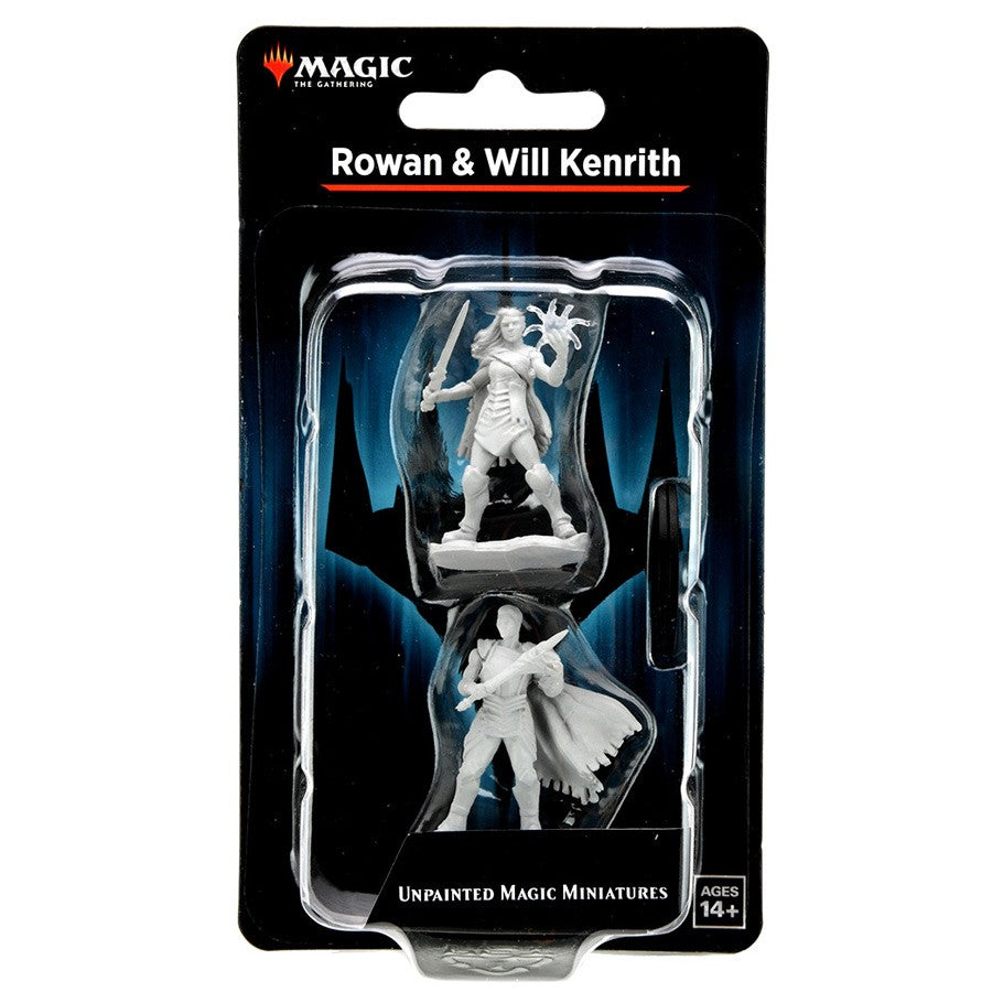 Magic The Gathering: Rowan Kenrith & Will Kenrith - Two unpainted white plastic miniatures of fantasy characters, one wielding a sword and the other casting magic, displayed in