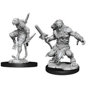 Magic The Gathering: Nacatls - Two unpainted gray resin miniatures of fantasy feline humanoid warriors on round black bases, each wielding weapons and.