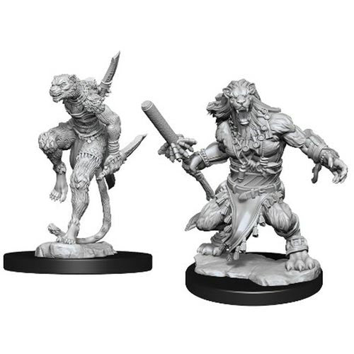 Magic The Gathering: Nacatls - Two unpainted gray resin miniatures of fantasy feline humanoid warriors on round black bases, each wielding weapons and.