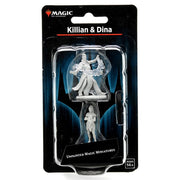 Magic The Gathering: Killian & Dina - Gray unpainted resin miniatures of two fantasy characters in dynamic poses, packaged on a black Magic The Gathering card.