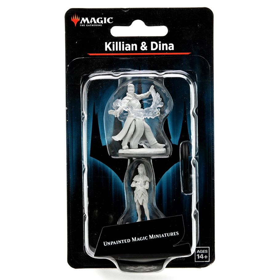 Magic The Gathering: Killian & Dina - Gray unpainted resin miniatures of two fantasy characters in dynamic poses, packaged on a black Magic The Gathering card.