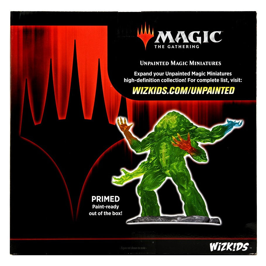 Magic The Gathering: Omnath - Green amphibious monster miniature with red glowing eyes and aquatic features on black and red Magic The Gathering branded.