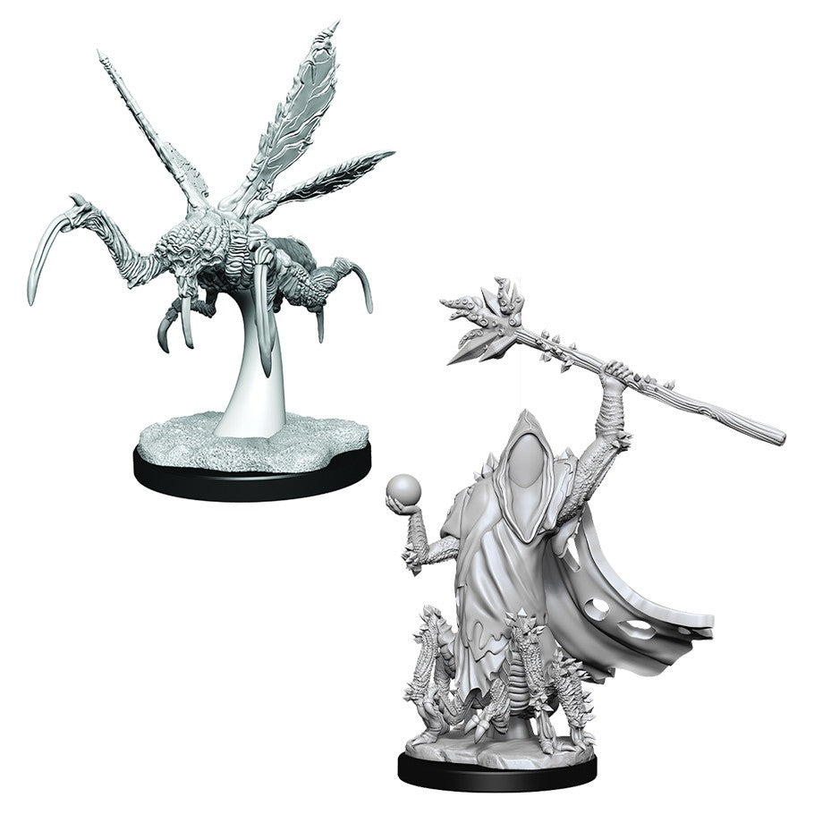 Critical Role Mini: Core Spawn Emissary and Seer - Two detailed gray plastic fantasy miniatures, one insectoid creature with wings and multiple legs, the other a cloaked.