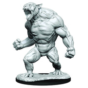 Critical Role Mini: Aeorian Reverser - Gray unpainted resin miniature of muscular humanoid beast with open roaring mouth and clenched fists on oval base.