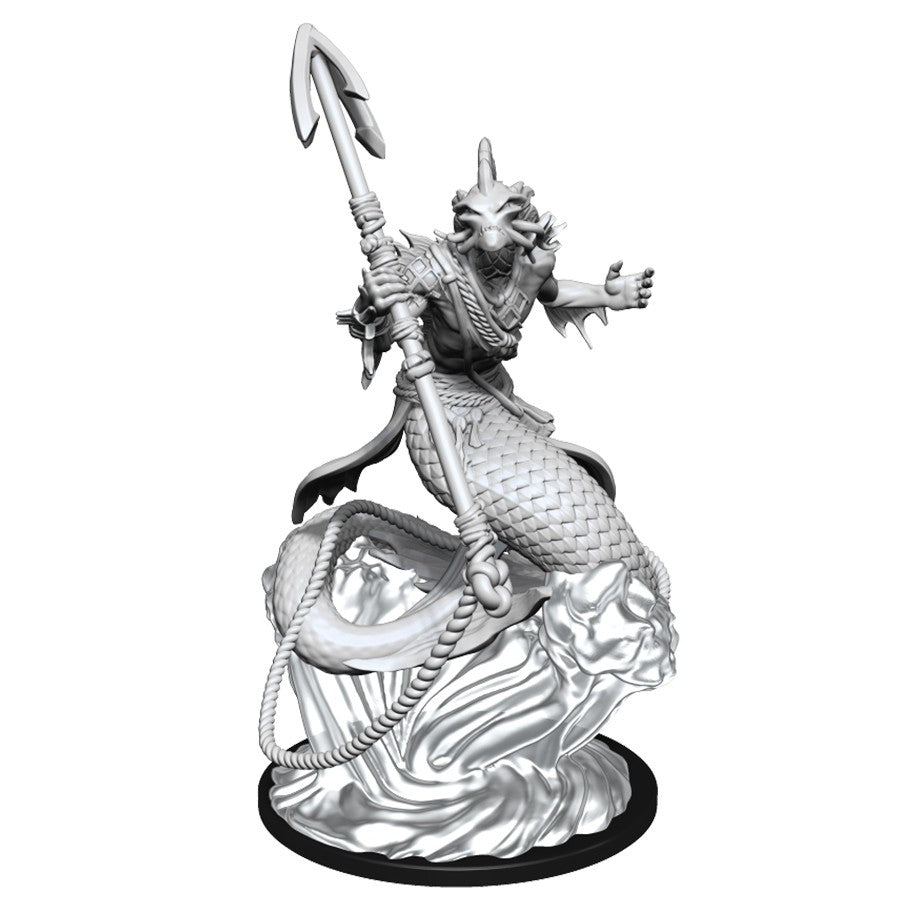 Critical Role Mini: Shallowpriest - Gray resin miniature of a fantasy aquatic priest with fish-like scales, holding a trident and standing on textured water.