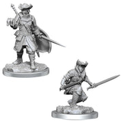 Magic The Gathering: Thraben Inspector/Tireless Tracker - Two unpainted gray miniature fantasy figures, one standing armored knight with a cape and sword, the other crouching rogue.