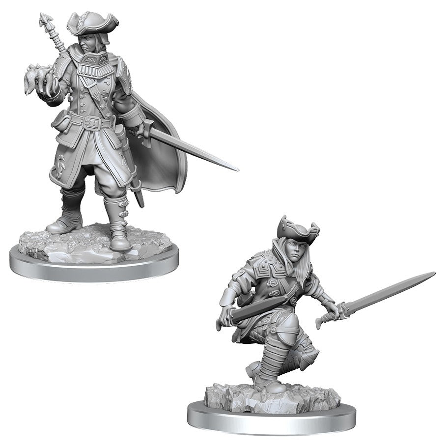 Magic The Gathering: Thraben Inspector/Tireless Tracker - Two unpainted gray miniature fantasy figures, one standing armored knight with a cape and sword, the other crouching rogue.