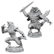 Magic The Gathering: Arlinn Kord & Tovolar - Unpainted detailed resin miniatures of two werewolf warriors wielding swords and in dynamic battle poses.