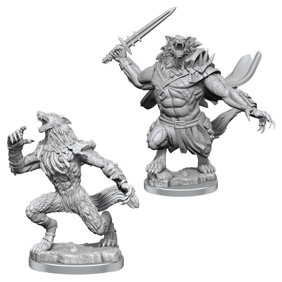 Magic The Gathering: Arlinn Kord & Tovolar - Unpainted detailed resin miniatures of two werewolf warriors wielding swords and in dynamic battle poses.