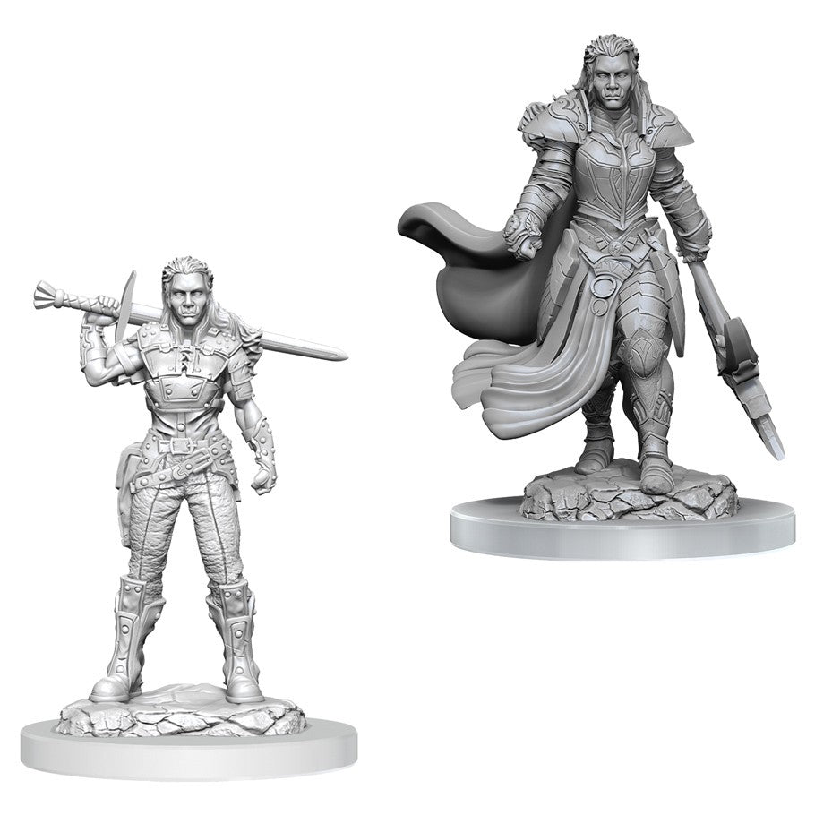 Dungeons & Dragons: Nolzur's Marvelous Minis: Orc Fighter Female - Unpainted female orc fighter miniature with sword over shoulder in armor and boots, standing on rocky base; second angle.