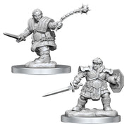 Dungeons & Dragons: Nolzur's Marvelous Minis: Dwarf Fighter Female W16 - Unpainted female dwarf fighter miniatures, one with mace and shield, one with sword in armor.