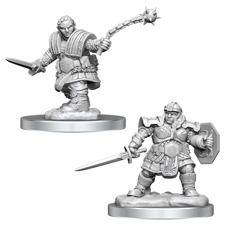 Dungeons & Dragons: Nolzur's Marvelous Minis: Dwarf Fighter Female W16 - Unpainted female dwarf fighter miniatures, one with mace and shield, one with sword in armor.