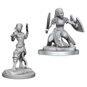 Dungeons & Dragons: Nolzur's Marvelous Minis: Shifter Fighter - Two gray unpainted fantasy miniatures of shifter fighters; one standing holding a weapon and the other kneeling with sword.