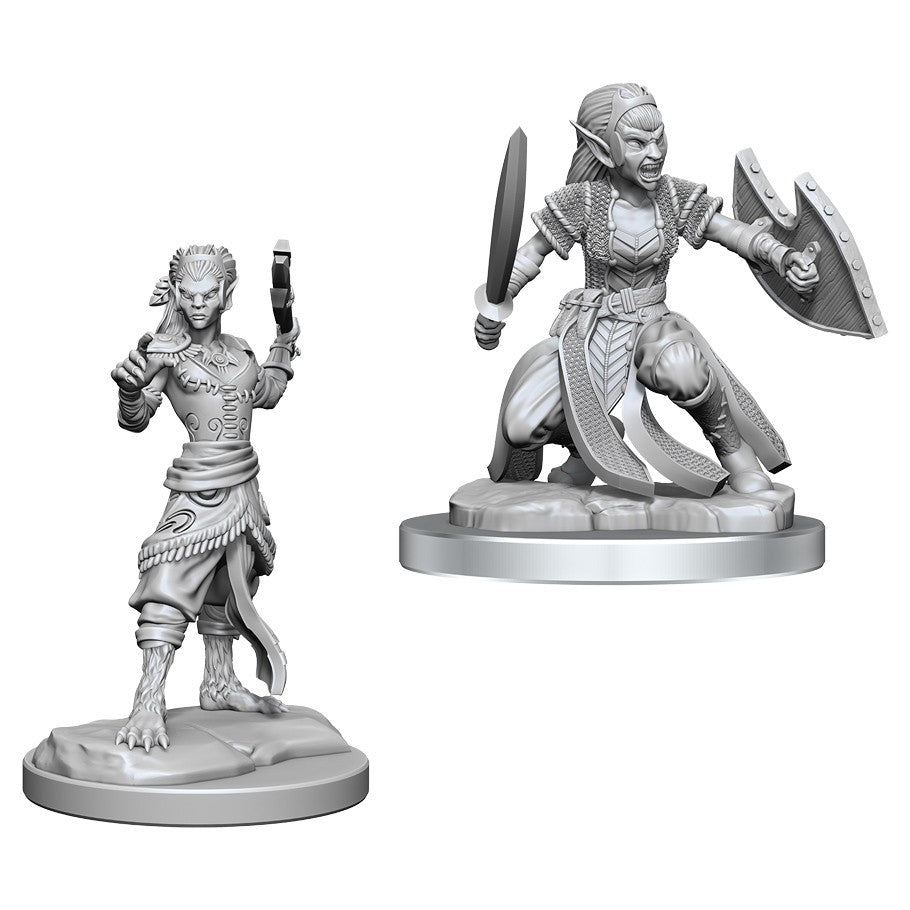Dungeons & Dragons: Nolzur's Marvelous Minis: Shifter Fighter - Two gray unpainted fantasy miniatures of shifter fighters; one standing holding a weapon and the other kneeling with sword.