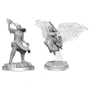 D&D: Nolzur's Marvelous Minis: Aasimar Cleric Female - Two unpainted fantasy miniatures, one a female cleric holding a mace and book, the other an angelic figure with large wings.