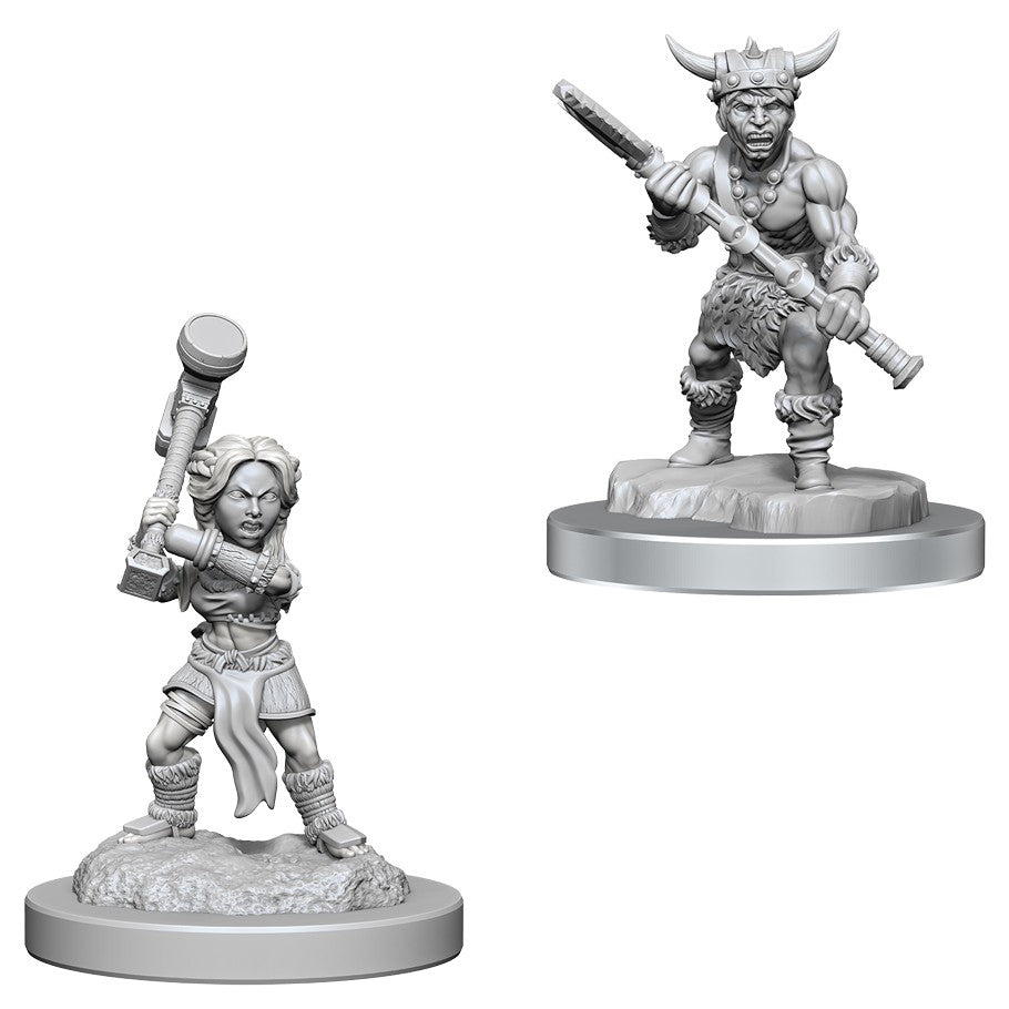 Dungeons & Dragons: Nolzur's Marvelous Minis: Halfling Barbarians - Two unpainted gray plastic miniatures of halfling barbarians, one wielding a raised hammer, the other holding a spiked club, .