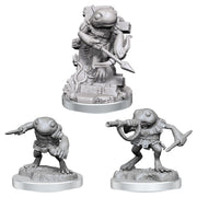 D&D Nolzur's Marvelous Miniatures: Grungs - Three unpainted gray resin miniatures of Grung frog-like warriors in dynamic poses, each holding weapons and standing on.