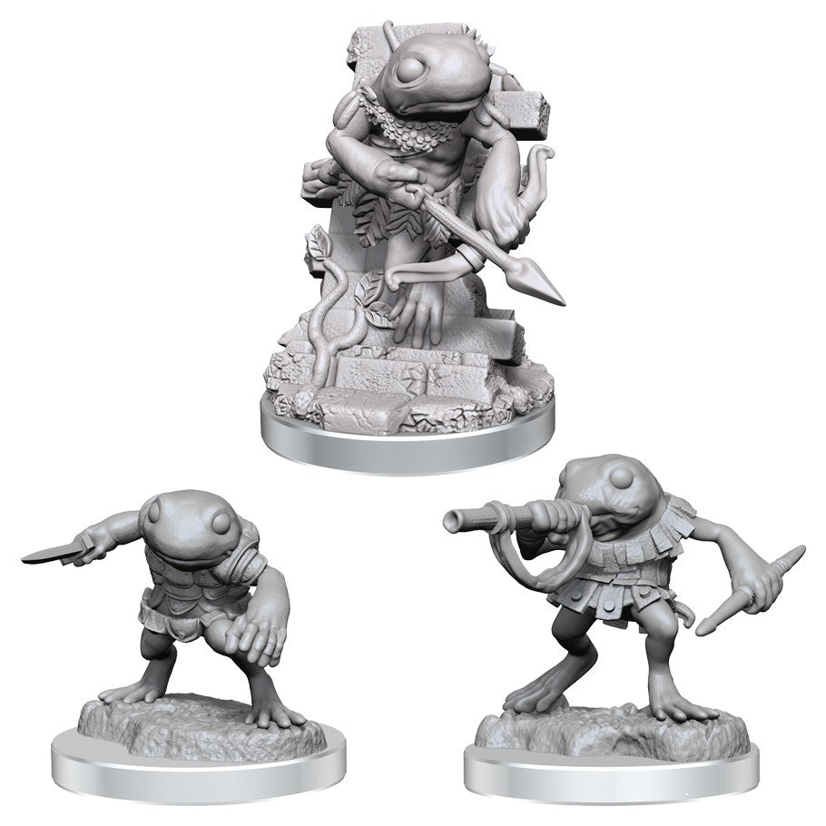 D&D Nolzur's Marvelous Miniatures: Grungs - Three unpainted gray resin miniatures of Grung frog-like warriors in dynamic poses, each holding weapons and standing on.