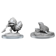 D&D: Nolzur's Marvelous Minis: Locathah & Seal - Unpainted gray miniature figures of a Locathah warrior with sword and shield and a sitting seal on textured bases.
