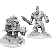 D&D Nolzur's Marvelous Miniatures: Duergar Fighters - Two unpainted gray plastic miniatures of fantasy duergar fighters with detailed armor and weapons on round bases.