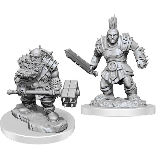 D&D Nolzur's Marvelous Miniatures: Duergar Fighters - Two unpainted gray plastic miniatures of fantasy duergar fighters with detailed armor and weapons on round bases.