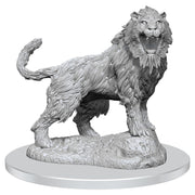 D&D: Nolzur's Marvelous Minis: Crag Cat W16 - Unpainted gray resin miniature of a roaring, large feline with a thick mane standing on rocky terrain base.