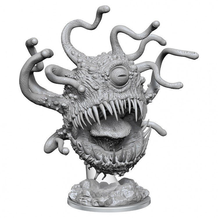 D&D Nolzur’s Marvelous Unpainted: Beholder Variant - Unpainted gray resin miniature of a Beholder with multiple eyestalks, large central eye, and sharp teeth on a round base.