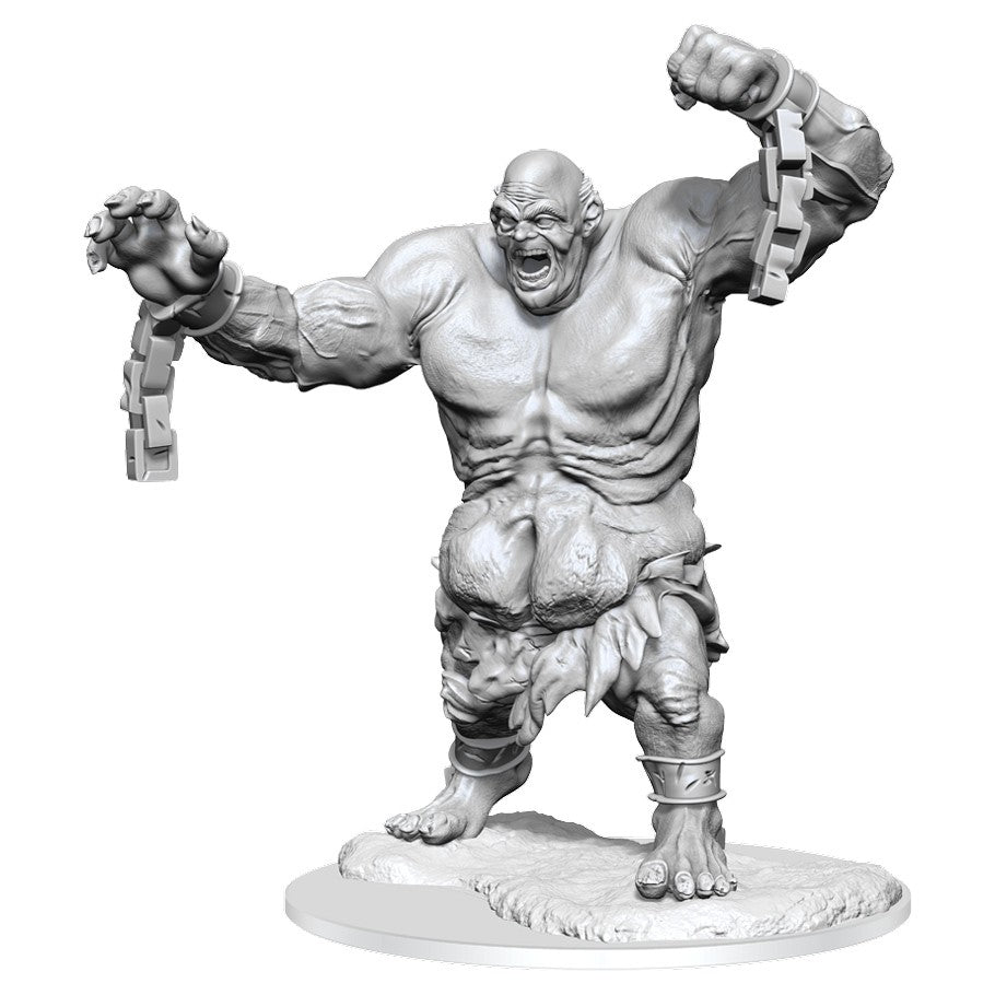D&D: Nolzur's Marvelous Minis: Mouth of Grolantor - Unpainted gray plastic miniature of a muscular giant holding broken chains with an aggressive expression.
