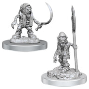 D&D: Nolzur's Marvelous Minis: Redcaps - Two unpainted gray plastic miniatures of Redcap goblins; one holding a curved blade and the other gripping a tall spear,.
