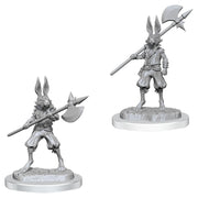 Dungeons & Dragons: Nolzur's Marvelous Minis: Harengon Brigands W18 - Two gray unpainted Harengon miniatures, anthropomorphic rabbits wielding polearms, standing on round bases with textured.
