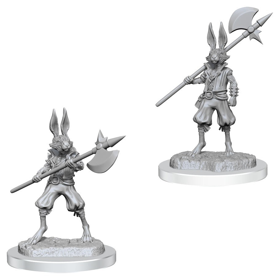 Dungeons & Dragons: Nolzur's Marvelous Minis: Harengon Brigands W18 - Two gray unpainted Harengon miniatures, anthropomorphic rabbits wielding polearms, standing on round bases with textured.