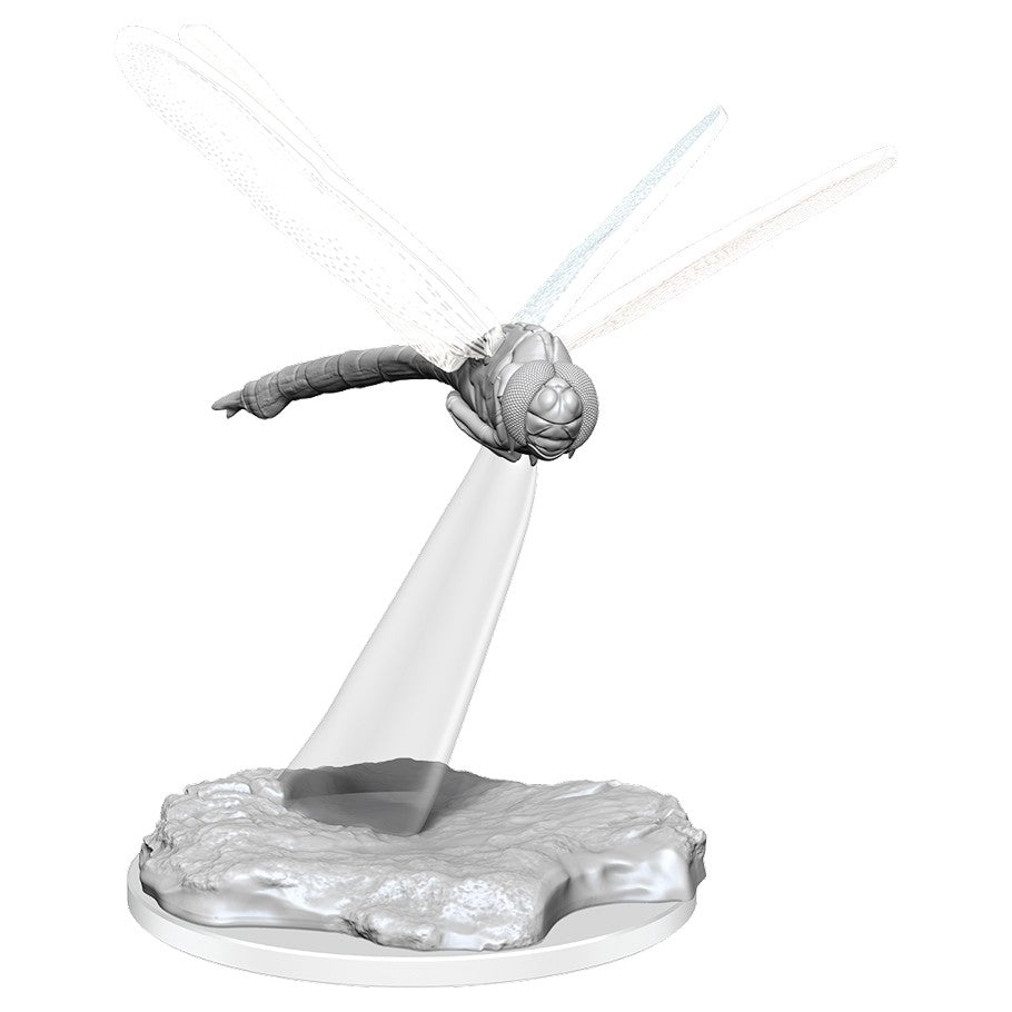 D&D: Nolzur's Marvelous Minis: Giant Dragonfly W16 - Unpainted miniature of a giant dragonfly with detailed wings and body, mounted on a rocky base.