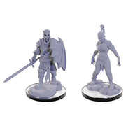 Path Finder: Deep Cuts: Plague Zombie & Skeletal Champion - Gray plastic miniatures of a skeletal knight with sword and shield and a plague zombie with tattered clothing on round bases.