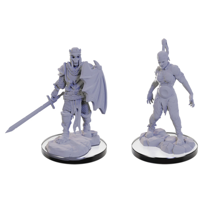 Path Finder: Deep Cuts: Plague Zombie & Skeletal Champion - Gray plastic miniatures of a skeletal knight with sword and shield and a plague zombie with tattered clothing on round bases.