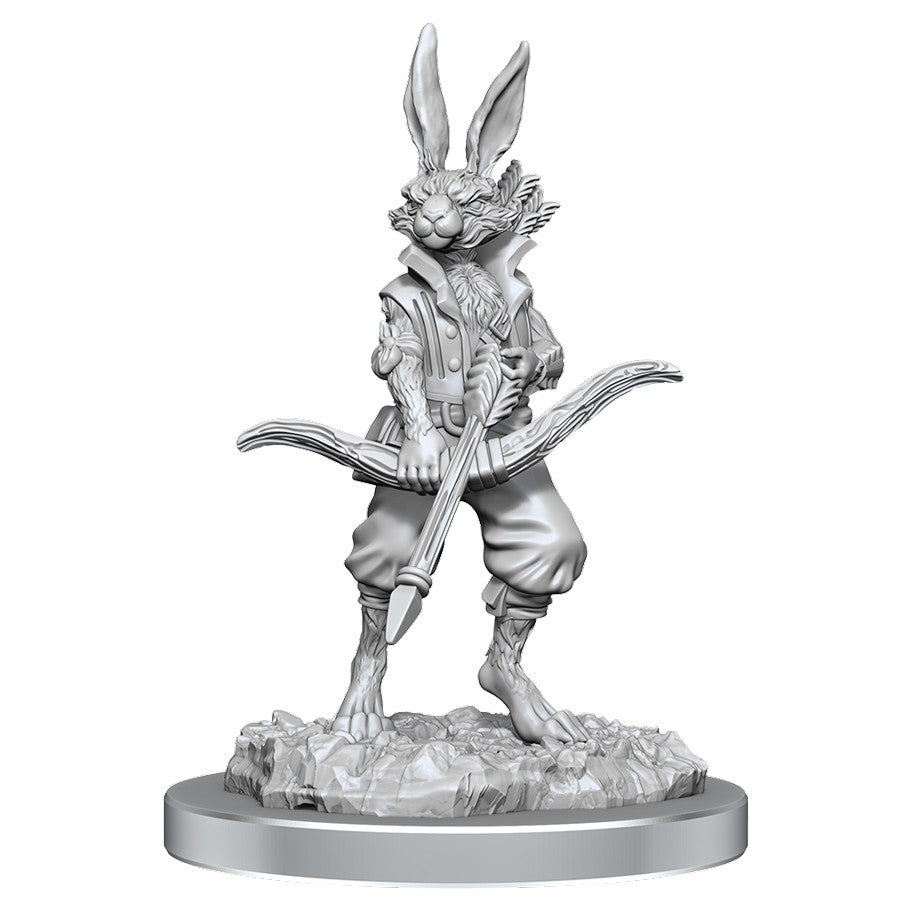 Paint Night Kit: Dungeons & Dragons: Nolzur's Marvelous Minis: Harengon - Unpainted gray resin miniature of a rabbit humanoid archer with detailed clothing and bow, standing on textured base.