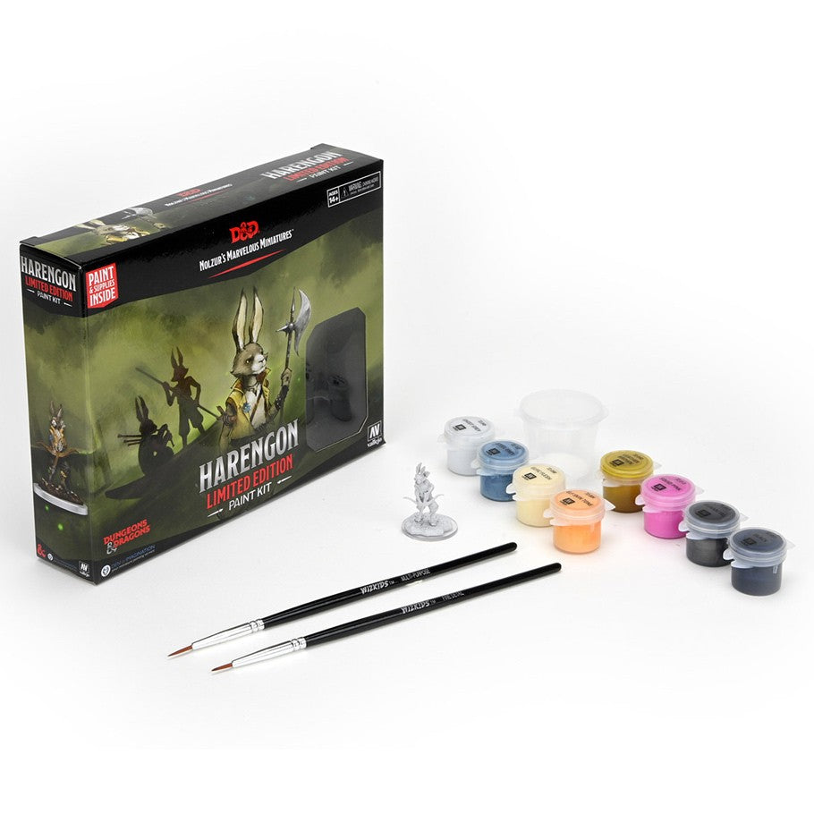 Paint Night Kit: Dungeons & Dragons: Nolzur's Marvelous Minis: Harengon - Paint night kit featuring unpainted Harengon miniature, two fine brushes, and eight small paint pots in white, gray, orange,