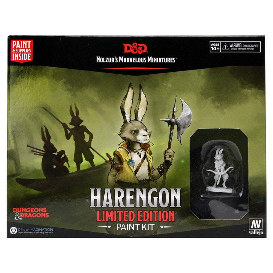 Paint Night Kit: Dungeons & Dragons: Nolzur's Marvelous Minis: Harengon - Dungeons & Dragons Harengon fantasy miniature with axe, unpainted in display case, dark green box design.