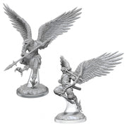 Dungeons & Dragons:: Nolzur's Marvelous Minis: Aarakocra Fighters W17 - Unpainted gray resin Aarakocra figurine with detailed feathered wings and spear in dynamic battle poses.