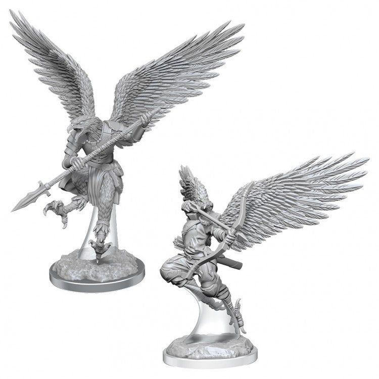 Dungeons & Dragons:: Nolzur's Marvelous Minis: Aarakocra Fighters W17 - Unpainted gray resin Aarakocra figurine with detailed feathered wings and spear in dynamic battle poses.