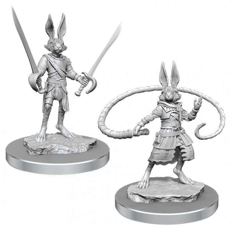 D&D Nolzur’s Marvelous Minis: Harengon Rogues - Two unpainted gray plastic miniature figures of anthropomorphic rabbit rogues, one wielding a sword and cutlass, the other.
