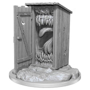 D&D:= Nolzur's Marvelous Minis: Giant Mimic= - Gray plastic miniature of a wooden outhouse with a door open, revealing a monstrous mouth with teeth and a tongue inside, on